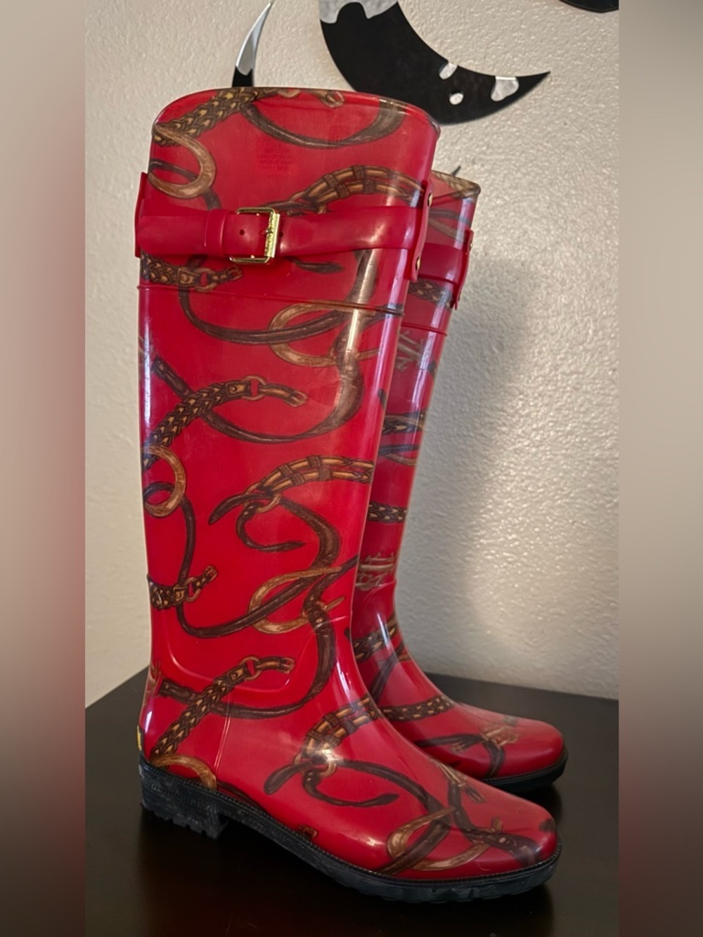 Lauren Ralph Lauren Rossalyn II Red Chain Print Rain Boots | Equestrian Style - Picture 3 of 8